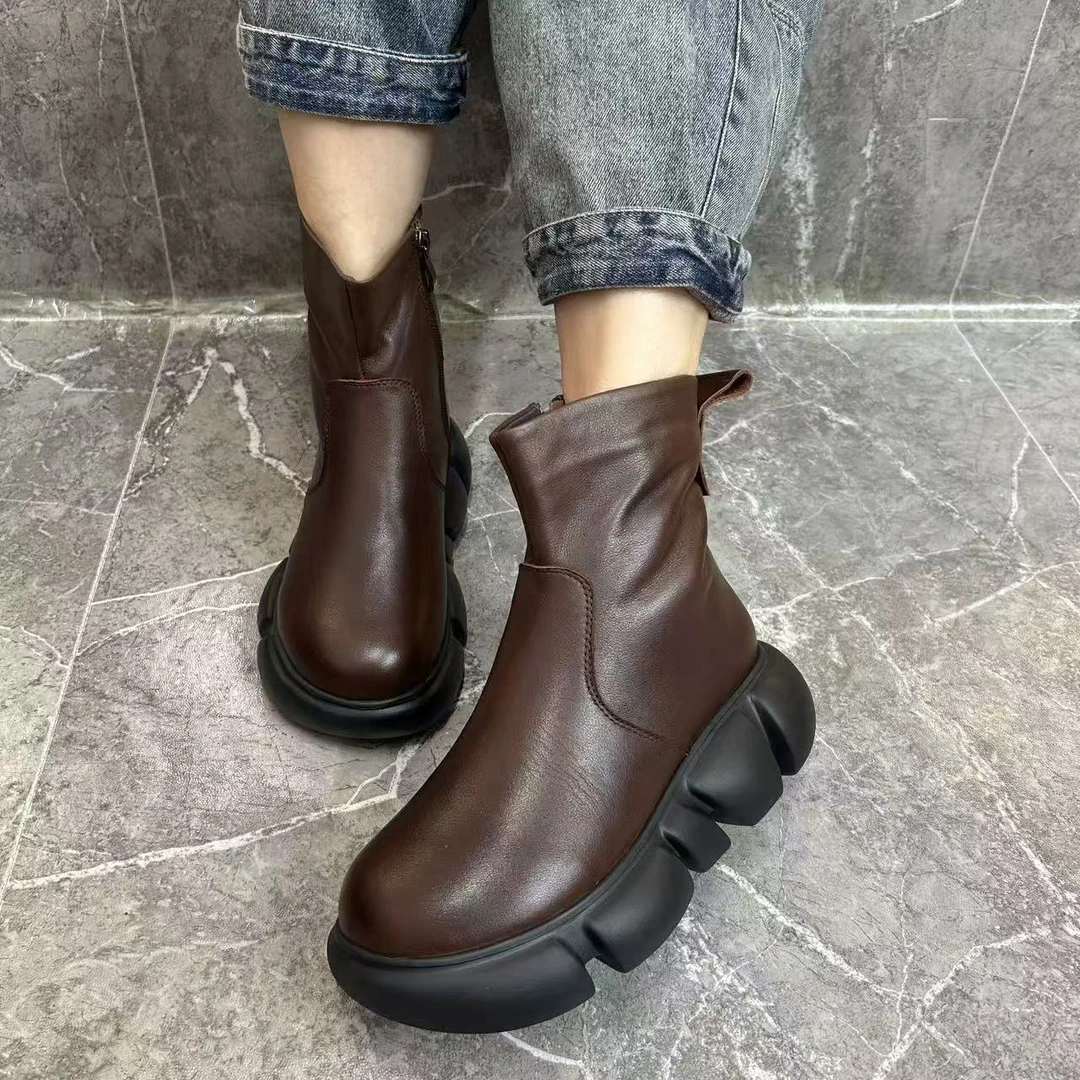 9978-2冬季复古时尚圆头厚底牛皮加绒保暖瘦筒版靴子百搭休闲短靴