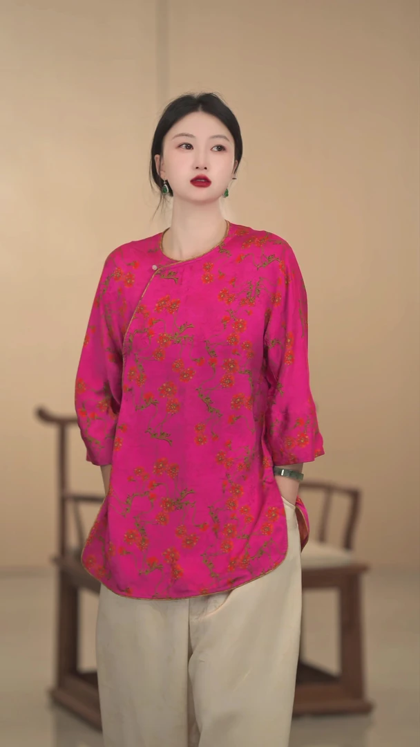 【绿肥红瘦】长袖网红中国风印花圆领斜襟提花对襟中式显瘦太太
