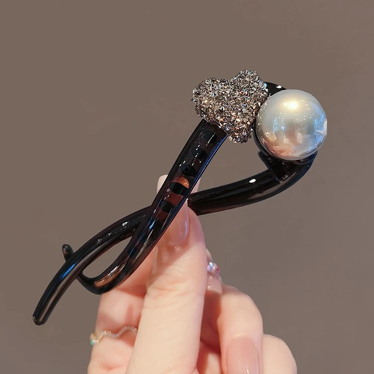新中式高级感时尚水钻爱心扭扭夹百搭复古珠珠后脑勺盘发发卡发夹