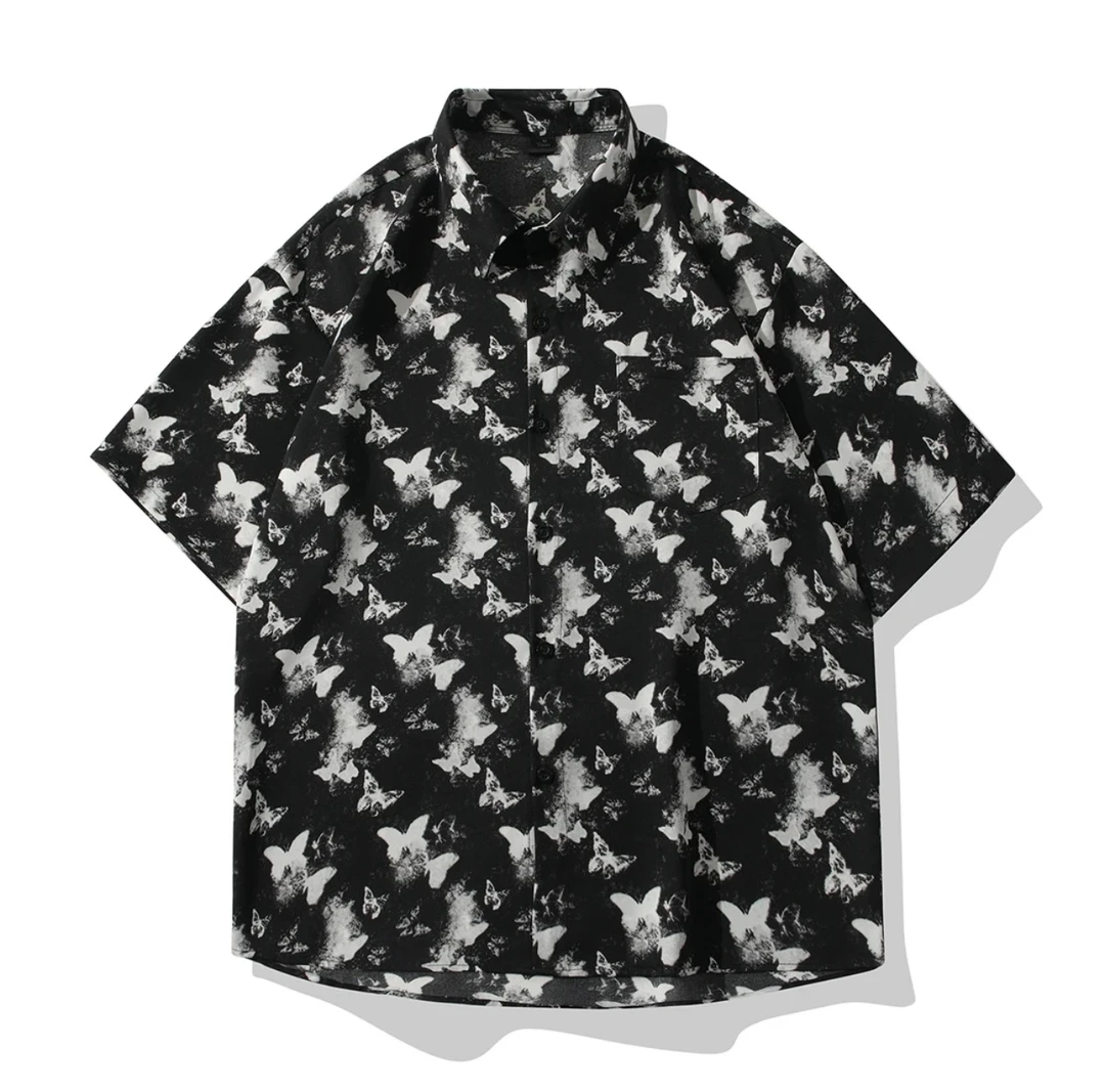 夏季港风花衬衫男女短袖薄款垂感痞帅百搭宽松五分袖衬衣男款外套