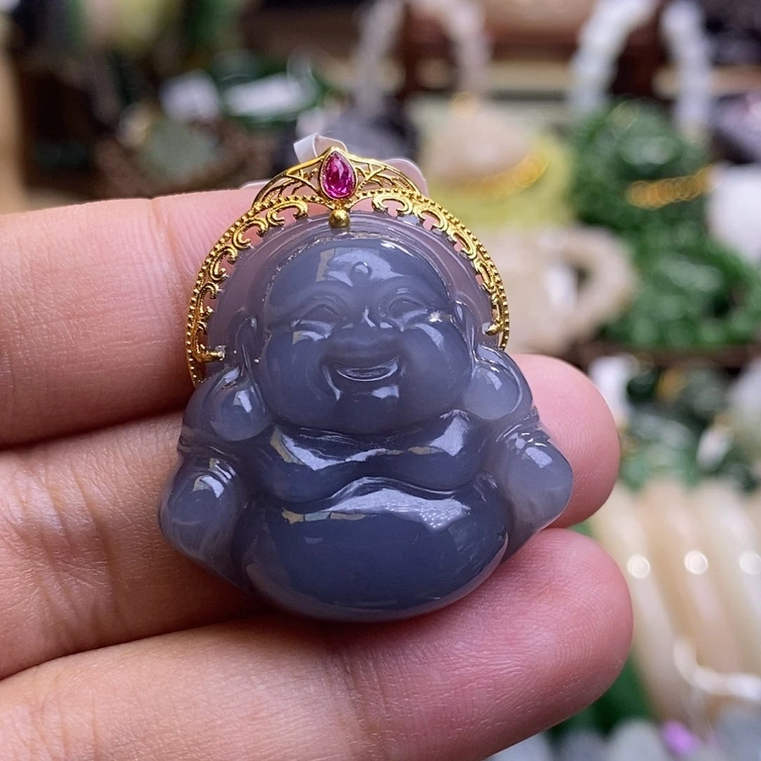 和田玉未镶嵌颈饰收藏级烟紫老矿料高冰浓紫金镶佛公