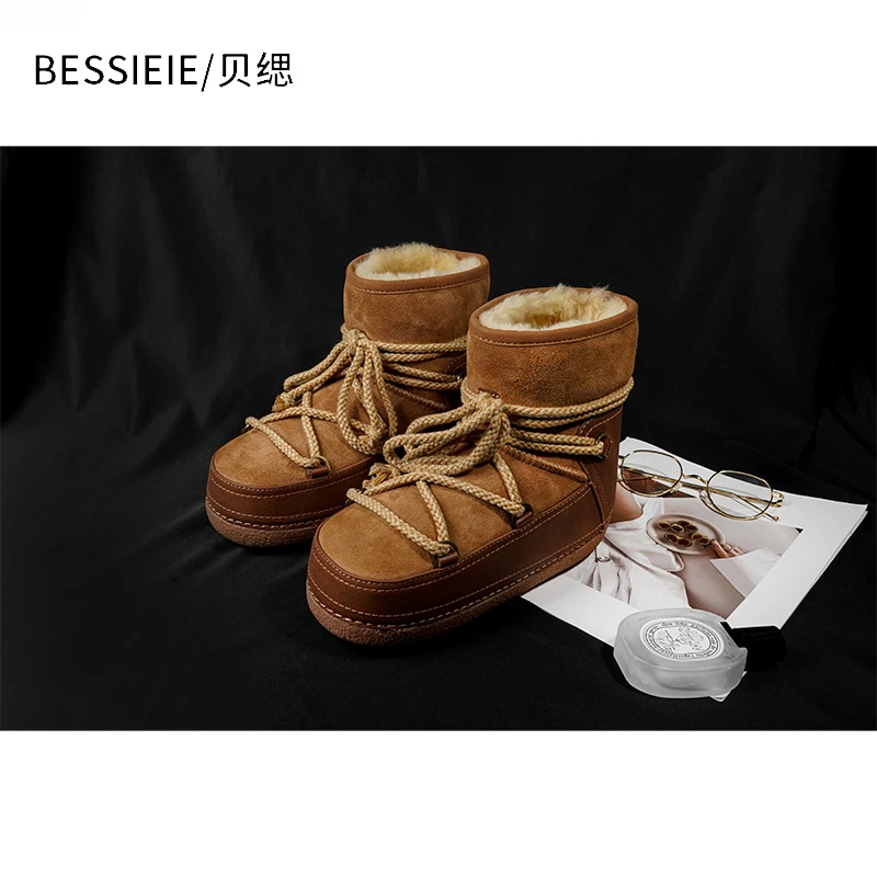 BESSIEIE/贝缌 冬季漫步太空雪地靴绑带拼接皮毛一体时尚短靴保暖