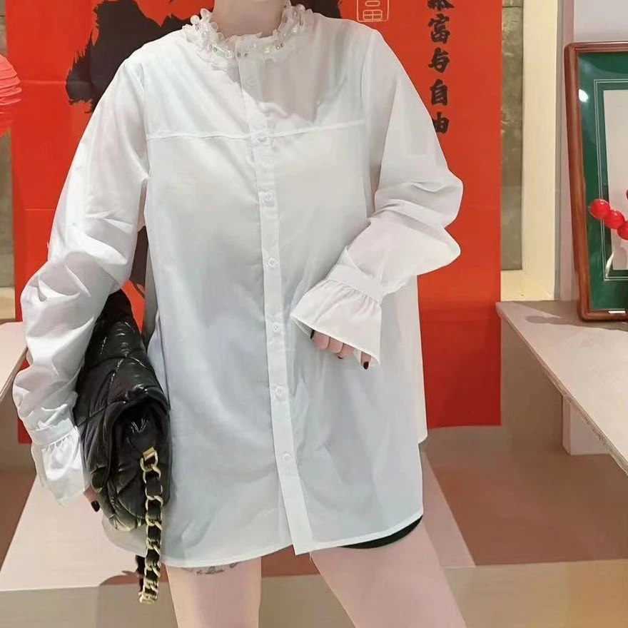 大码高端女装欧法式高级感上衣花边领钉珠喇叭袖衬衫241252