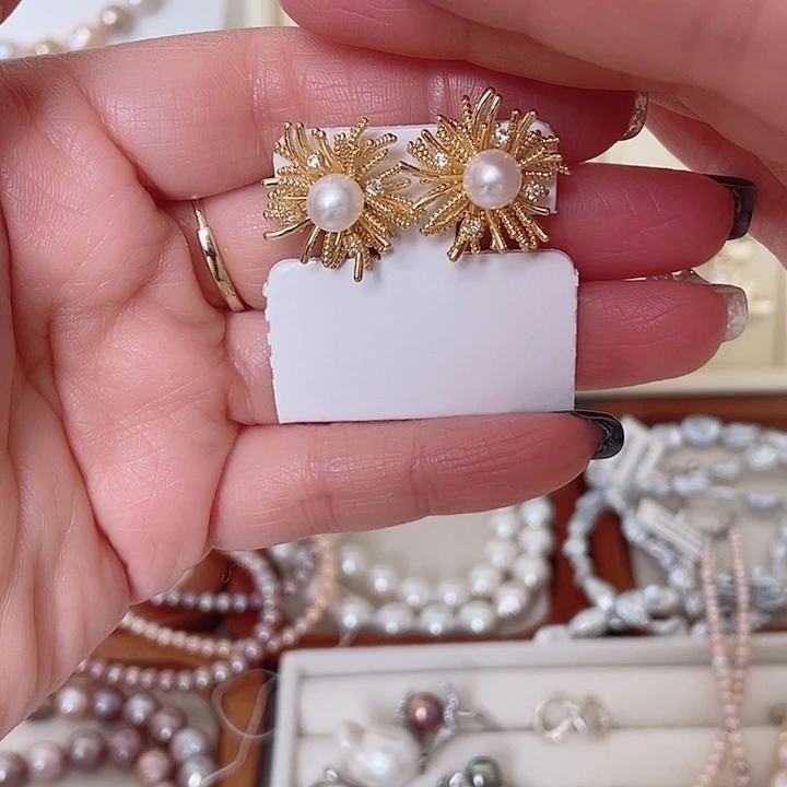 淡水珍珠合金耳饰烟花款6-7mm粉亮银针