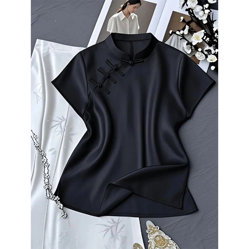 新中式国风气质高级感衬衫夏季新款小个子绝美黑色盘扣短袖衬衣女
