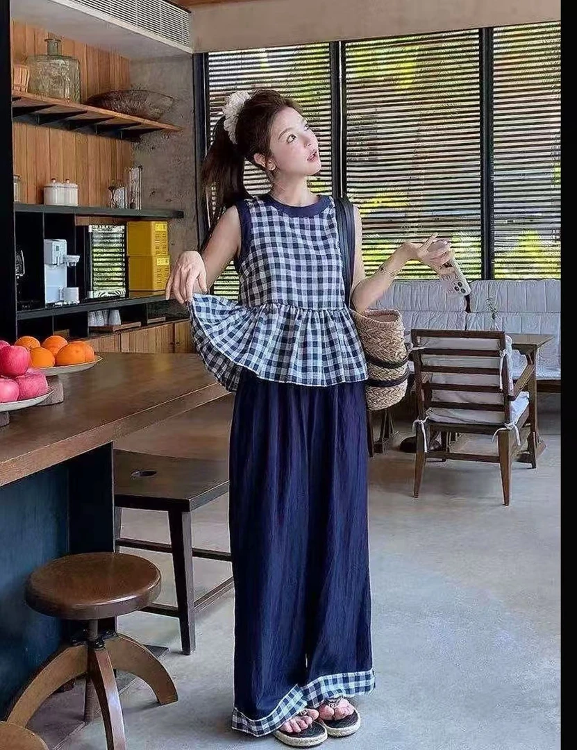 Mz-夏季慵懒风格子半袖无袖背心阔腿裤套装