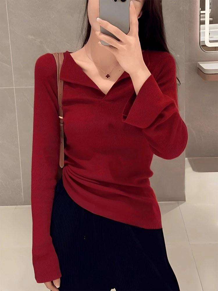 春秋法式气质红色v领针织衫女高级感修身内搭打底衫毛衣上衣886#