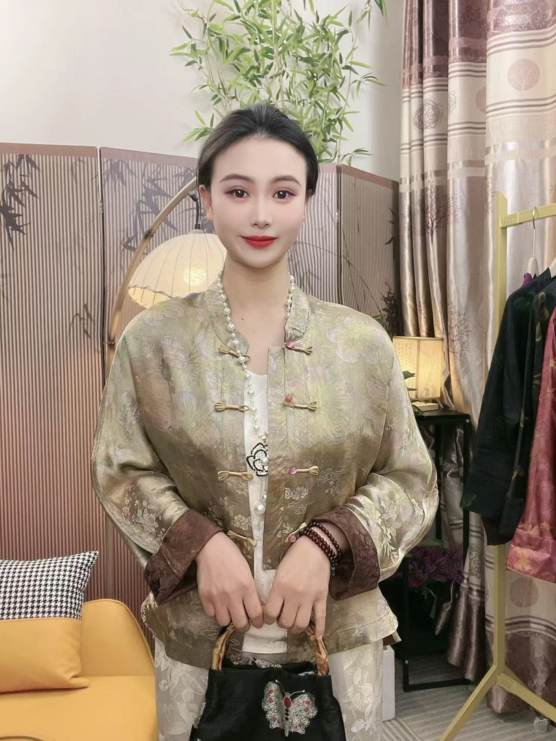 （向阳花开）新中式中国风重磅提花立领双面穿老料外套-