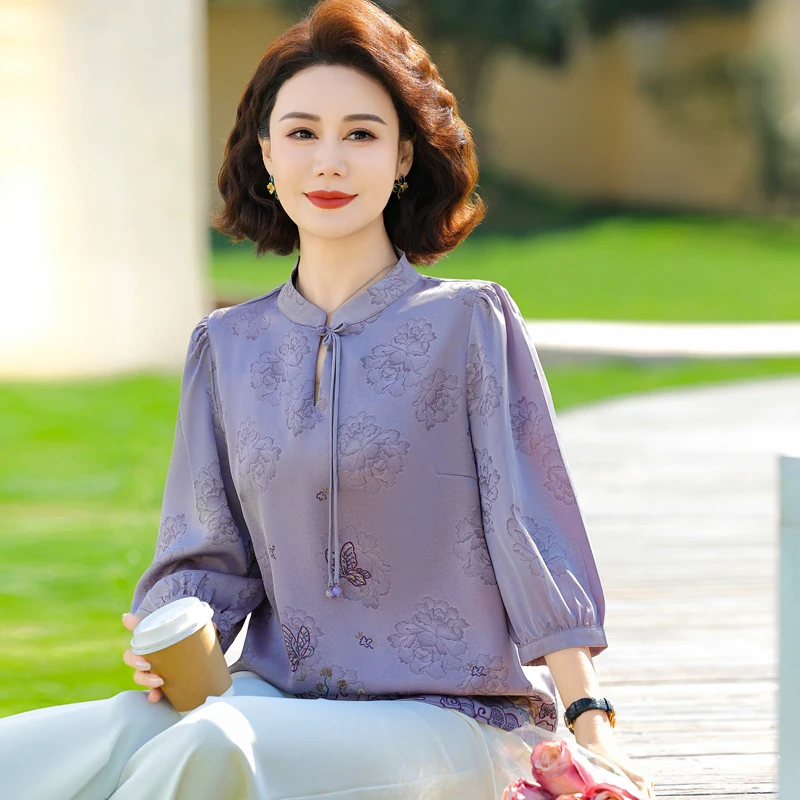 6045-妈妈春夏新中式雪纺小衫中老年女装洋气上衣七分袖T恤上衣