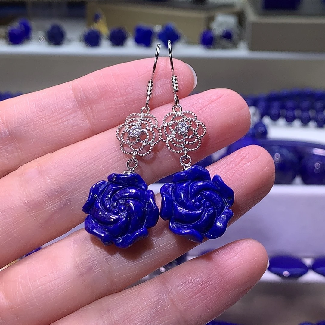 青金石合金天然原矿玫瑰花耳钉15m