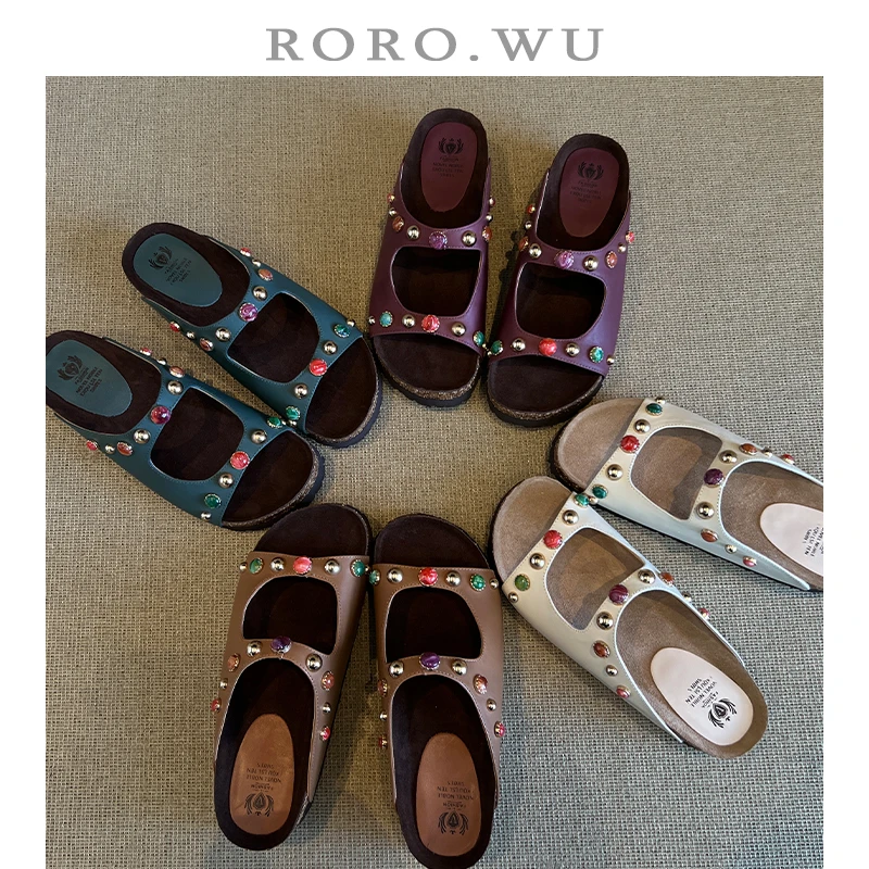 娆娆吴·牛皮夏季简约厚底复古彩色铆钉一字带勃肯鞋拖鞋T346