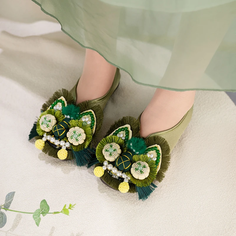 墨绿百搭薄款平底包跟一脚蹬布鞋软底单鞋外穿动感风复古时尚轻奢