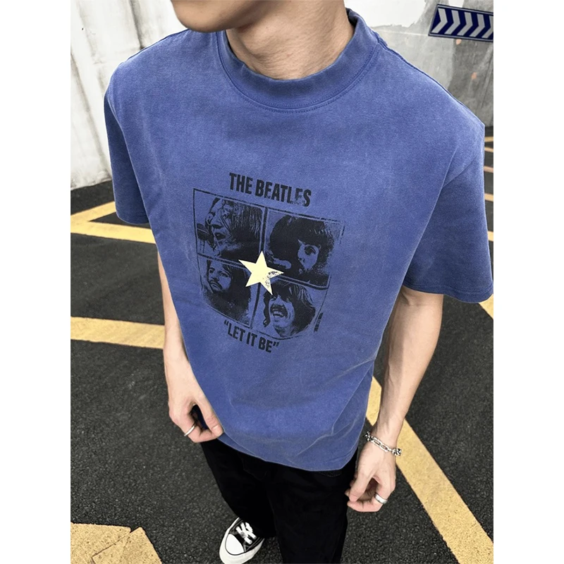 藏青色水洗做旧乐队印花短袖男夏季潮牌美式复古正肩t恤情侣半袖