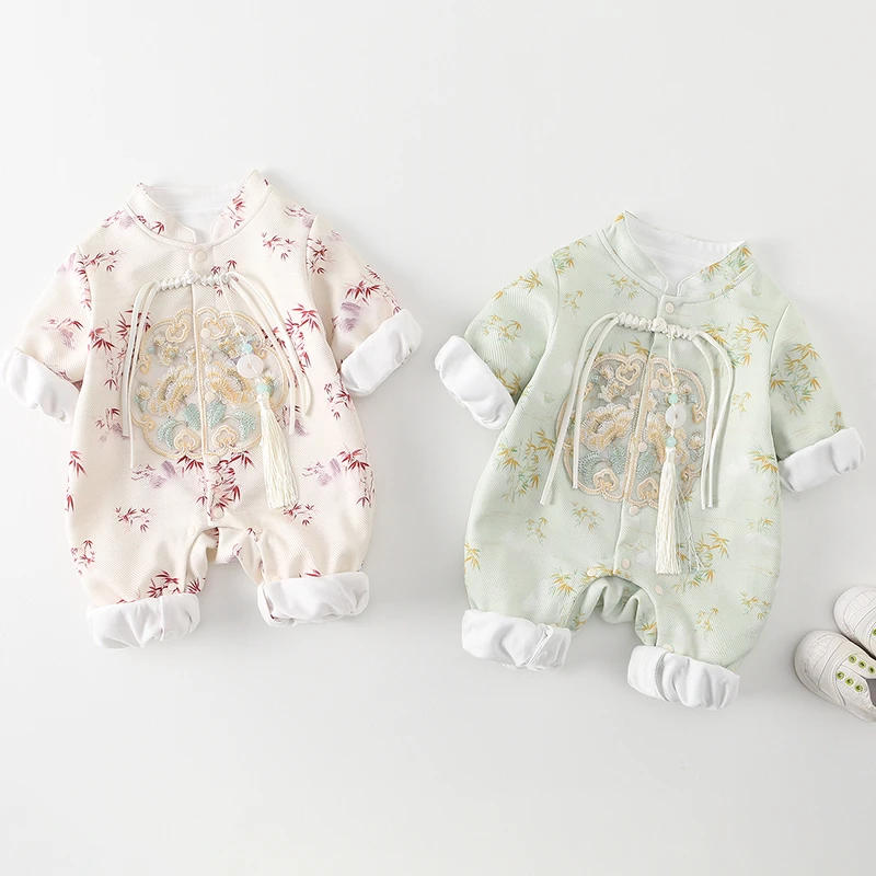 新中式婴儿宝宝满月礼服中国风双层春装汉服新生儿百日抓周连体衣