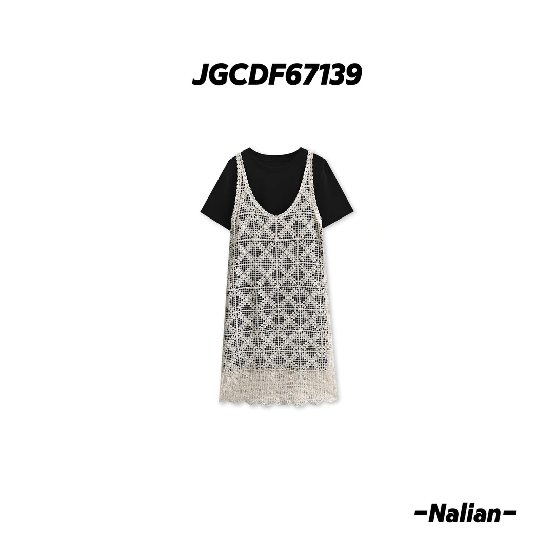 诗诗严选-钩花镂空针织连衣裙两件套夏季气质吊带T恤裙套装67139