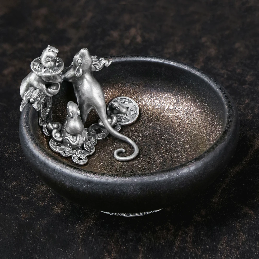 福器艺术五鼠运财陶瓷黑陶主人杯特色原创手工制作匠心打造茶杯