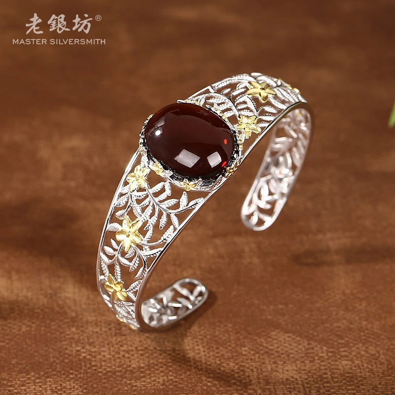 老银坊s925银血珀镂空分色桂花开口镯 0034816