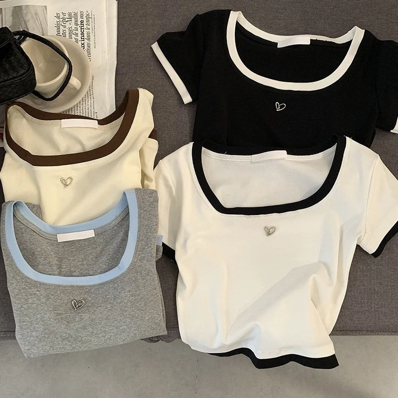 2025夏季新款方领爱心撞色包边正肩短袖显瘦T恤上衣女2405