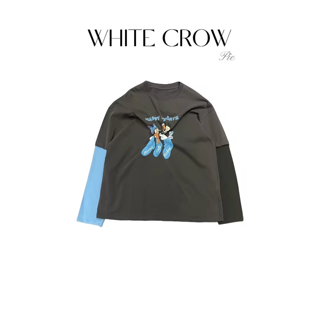 白乌鸦【袜子全家福】设计师假两件拼接长袖T时尚55402