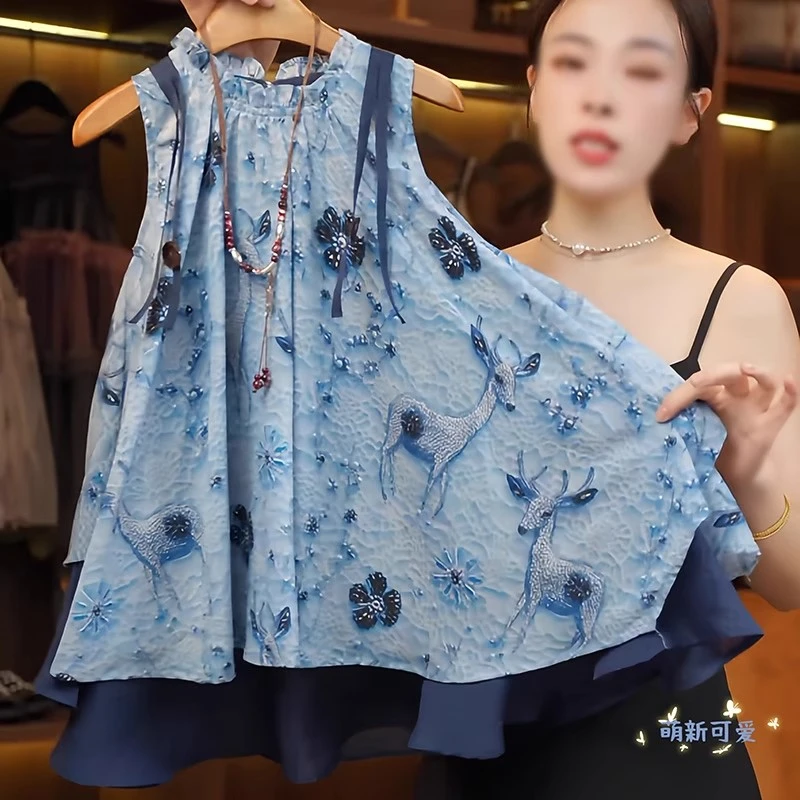 女童碎花连衣裙2025新款女孩假两件花边背心裙公主裙度假沙滩裙夏