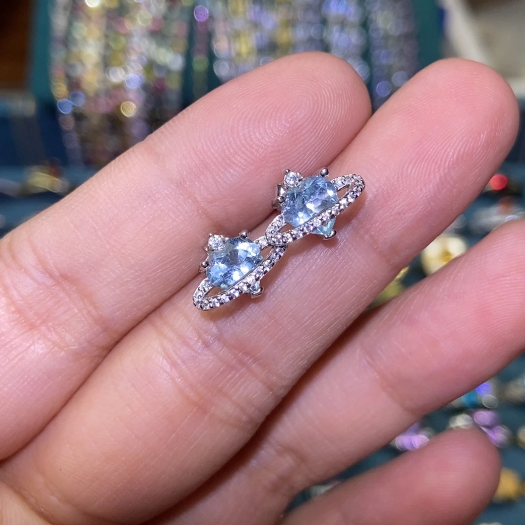 海蓝宝石银S925镶嵌耳饰