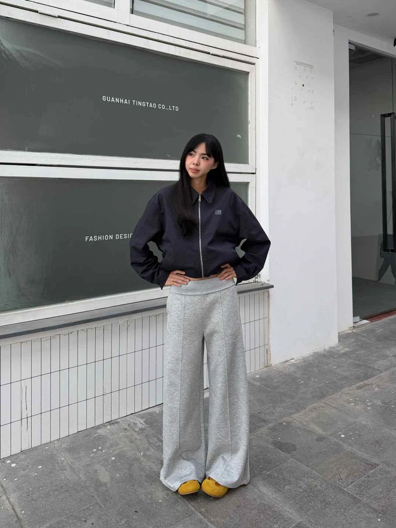 松弛灰调  两穿腰部可折叠黑灰色美式休闲卫裤女新款拖地阔腿长裤