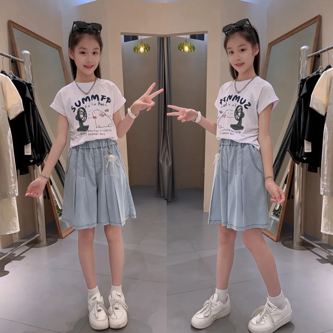 女童夏装天丝短裙裤中大童夏季洋气T恤搭配牛仔短裤百褶裙裤薄款
