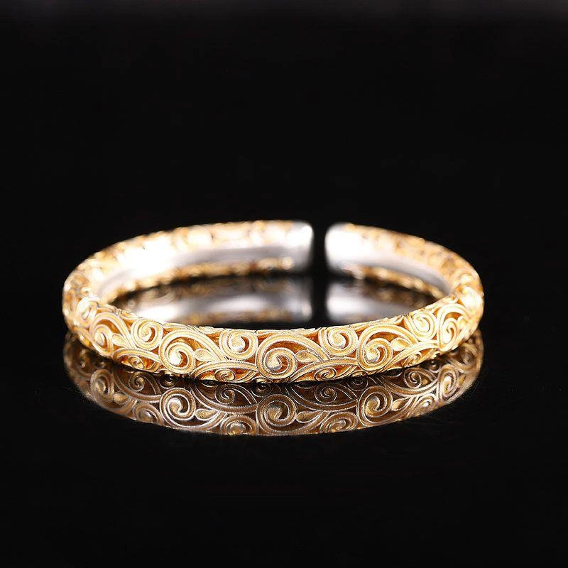 时尚国潮手饰银9999祥云镂空手镯开口女士国风银镯子精美百搭