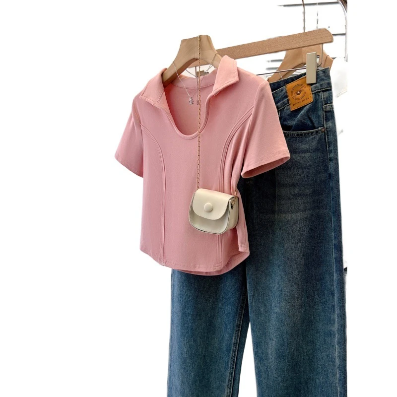 洗一美式复古短袖T恤女辣妹高腰短款翻领polo衫鱼骨修身显瘦短款