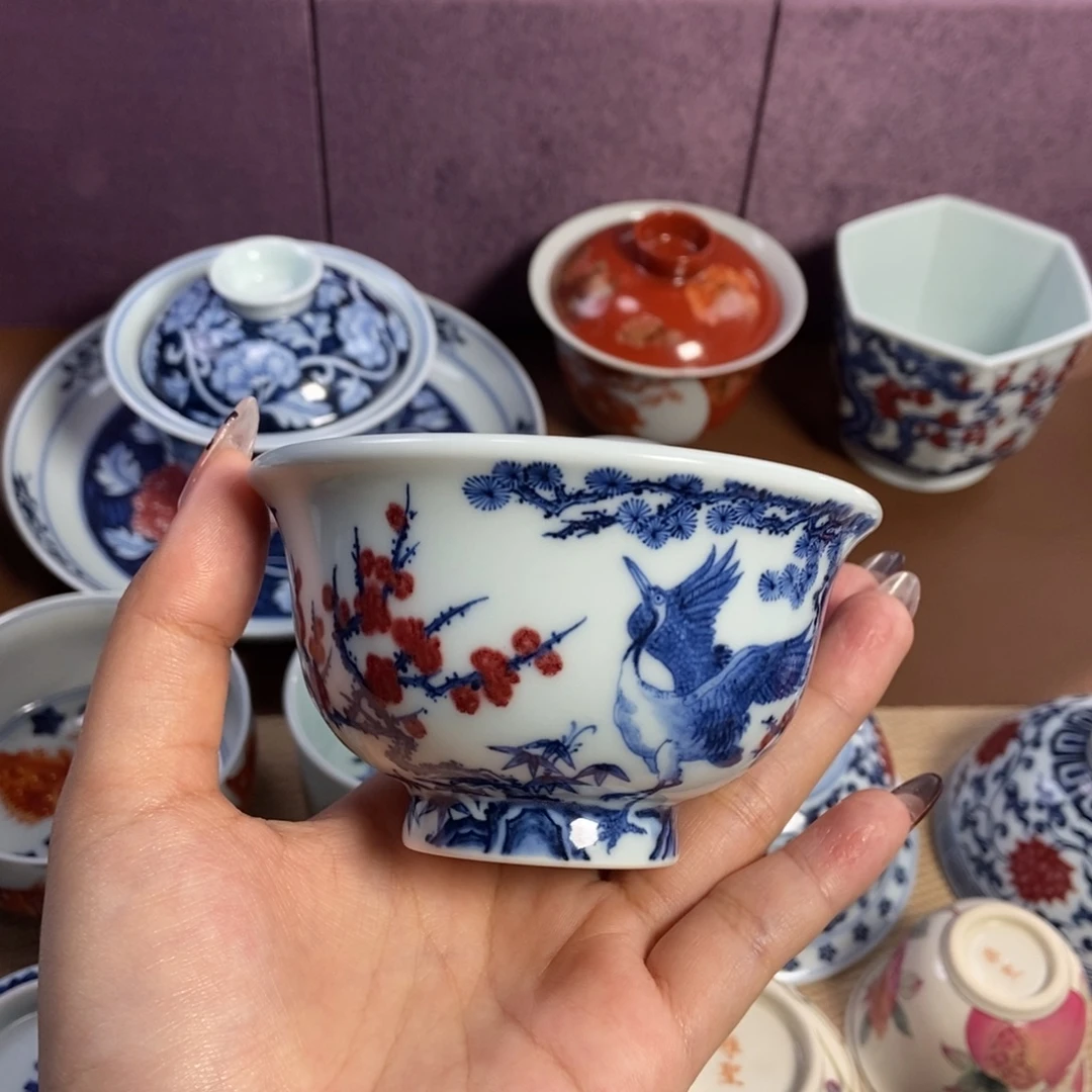 陶阳春白雪釉里红松竹梅鹤舞压手杯