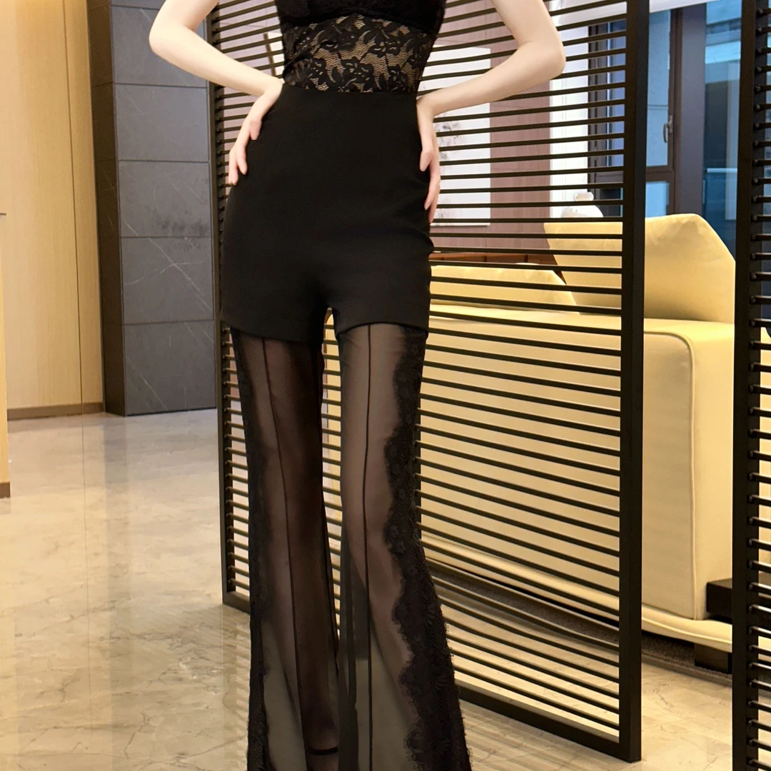 2025新潮高级蕾丝裤透明黑色阔腿裤91622