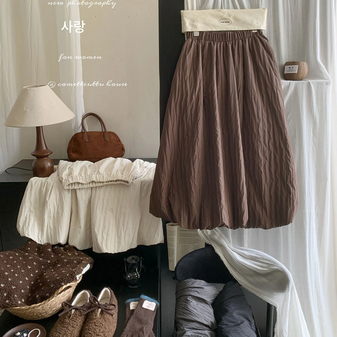 日系夹棉高腰花苞半身裙女秋冬文艺复古中长款显瘦咖色蓬蓬南瓜裙