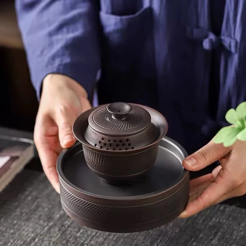 复古紫陶三才盖碗 紫砂手工跳刀大号家用泡茶碗 陶瓷功夫茶具批发