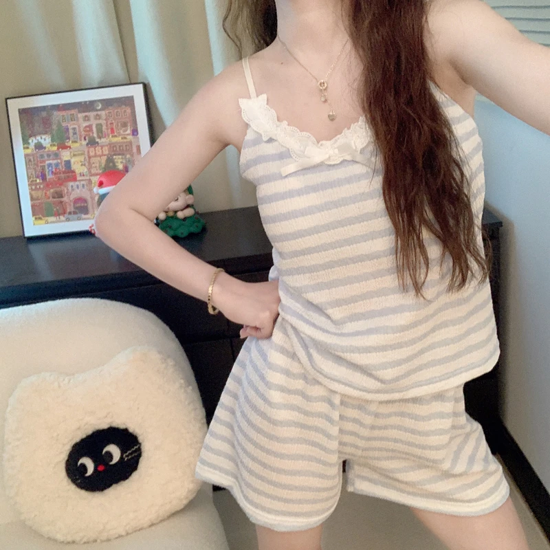 韩国甜美条纹睡衣女款夏季2025年新款短袖短裤两件套家居服夏天薄