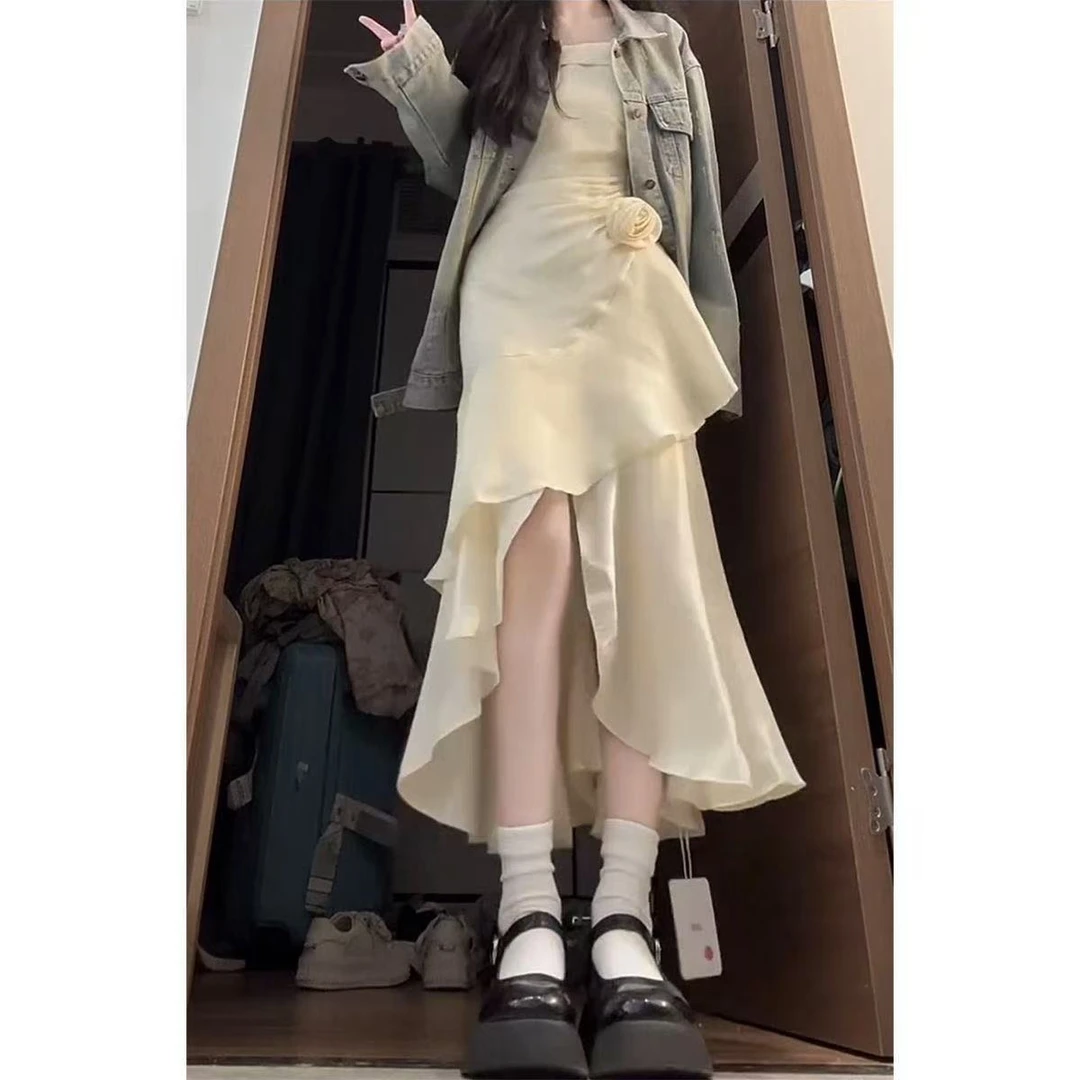 鱼尾裙吊带长裙小众法式时尚连衣裙夏季气质长款长袖