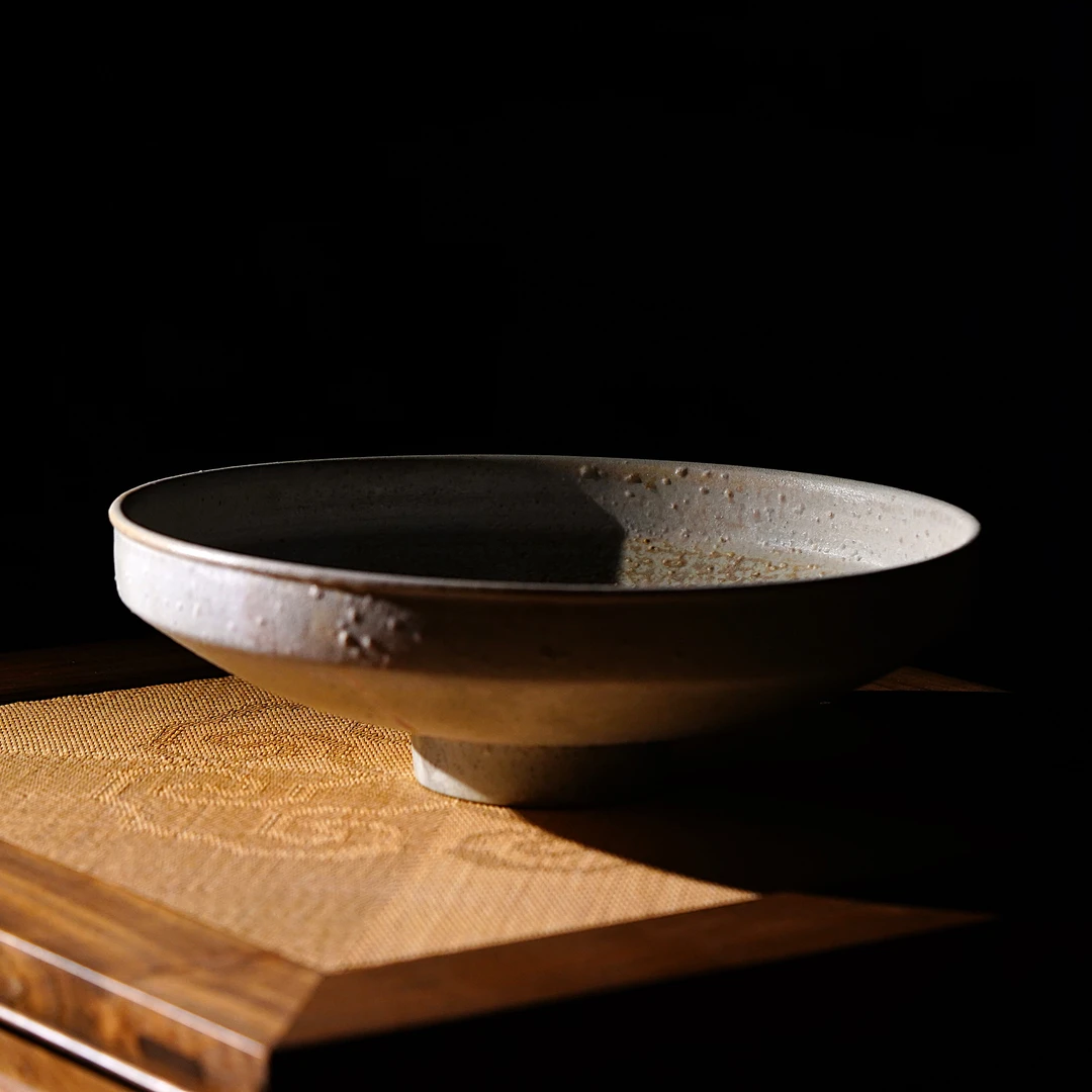 有三陶艺高温裸柴烧纯手工粗陶镶边复古风大圆果盘