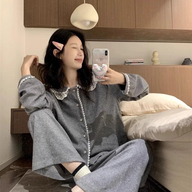 【初沁枫】德绒睡衣女春夏新款蕾丝花边娃娃领网红韩版薄款家居服