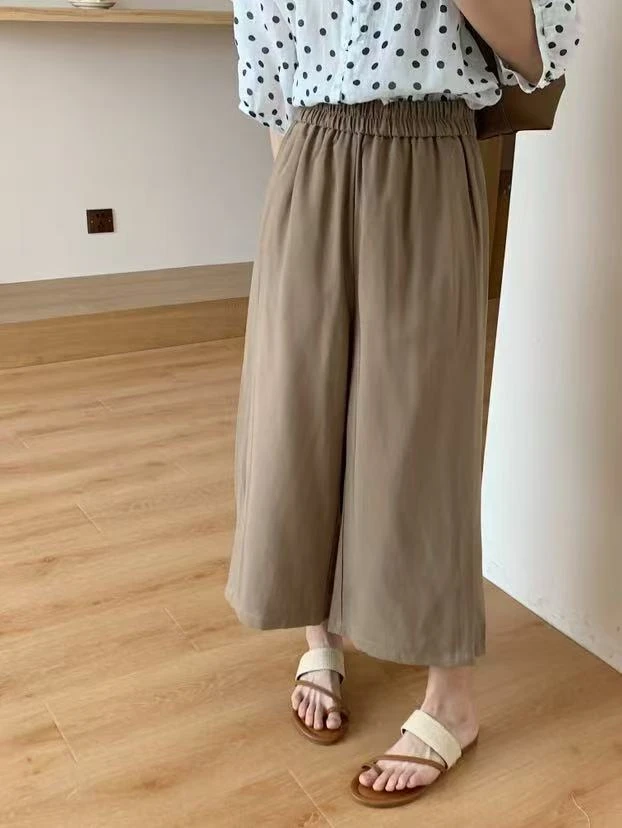 门店款 夏季薄款直筒裤女简约纯色宽松松紧高腰垂感九分阔腿女裤