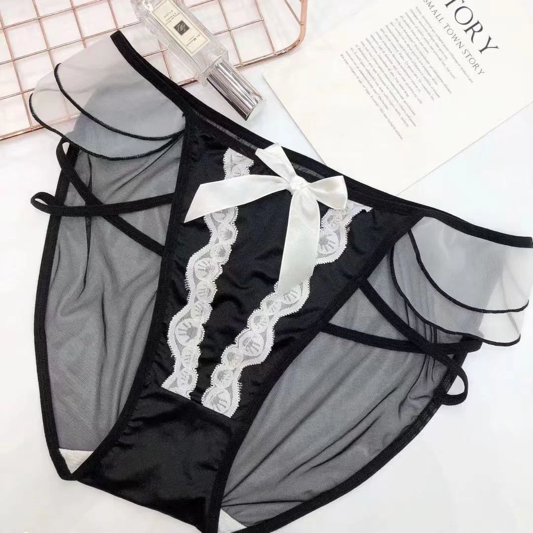2025新款高腰网纱透气黑色蝴蝶结高开叉走秀款显腿长日系三角裤女