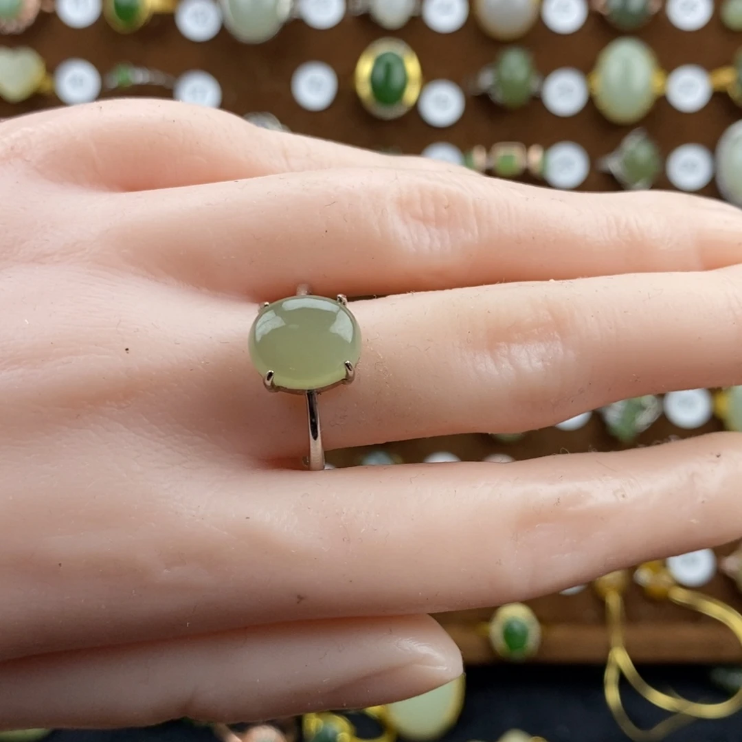 和田玉（青白玉）银S925镀金镶嵌戒指