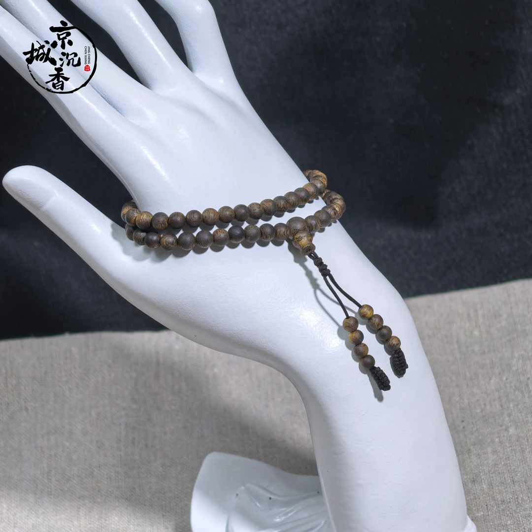 【京城沉香】莺歌绿奇楠卡5双圈沉水浮圆珠沉香手串