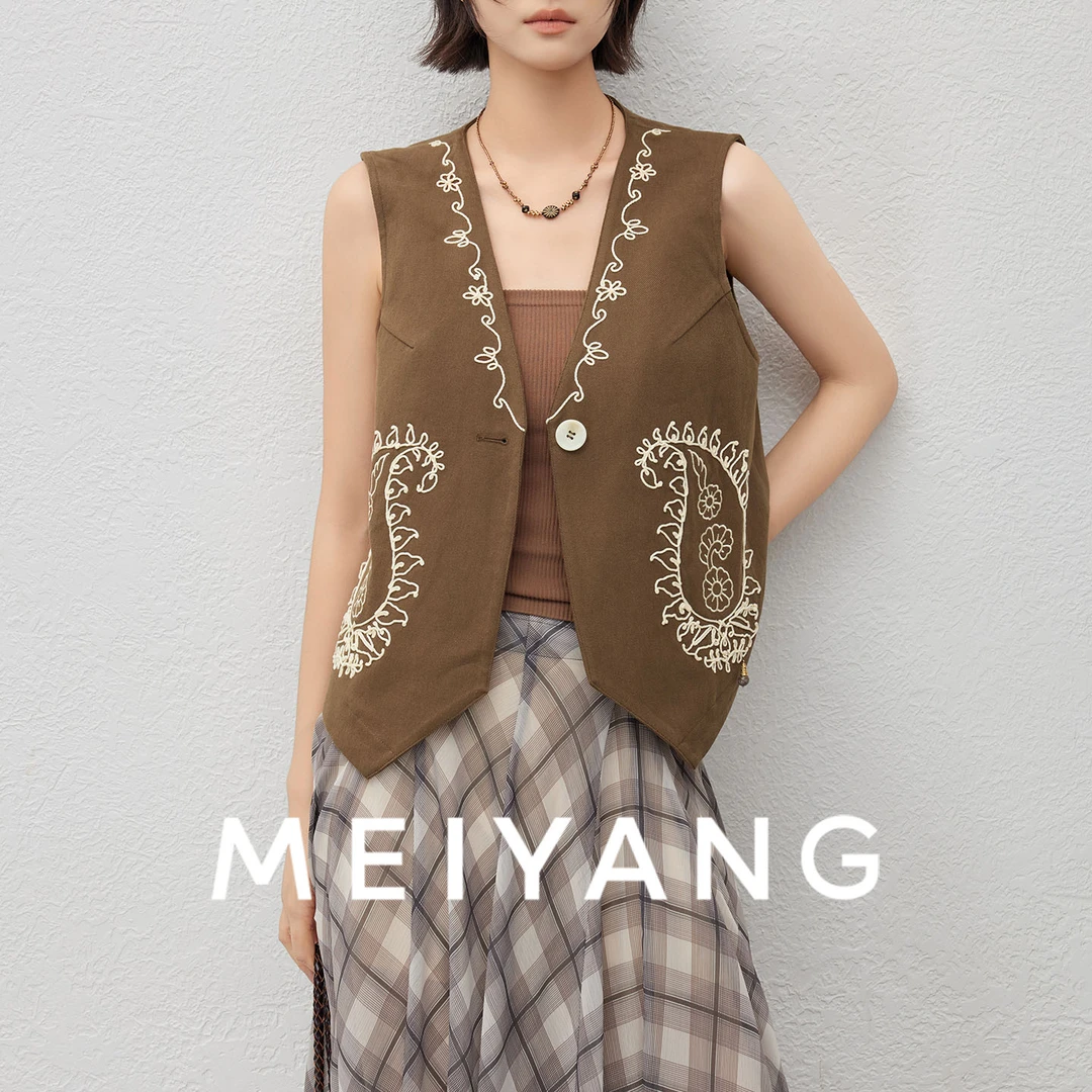 A美洋MEIYANG【商场同款】佩斯利马甲 绣花V领花边无袖马夹-周五