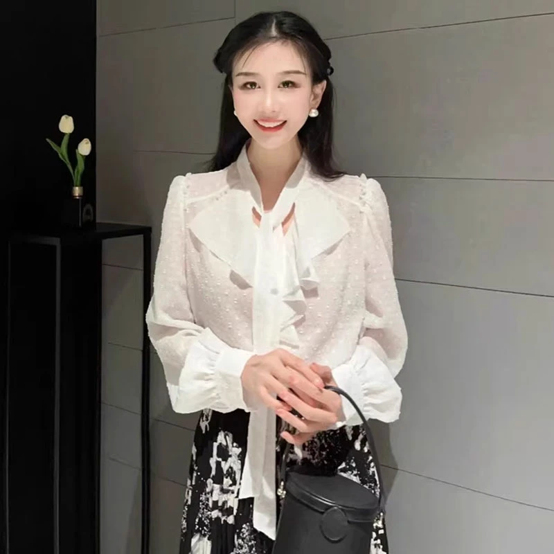 {专柜}商场同款2025春秋百搭荷叶边印花飘带长袖衬衫女1300982
