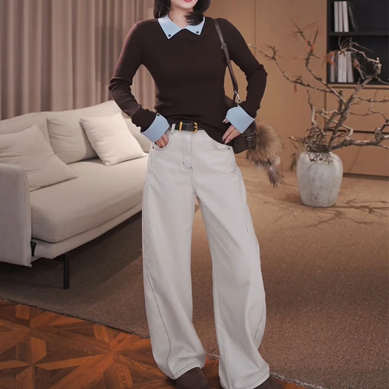 2025秋新款复古设计感撞色拼接上衣宽松显瘦休闲裤两件套时髦套装