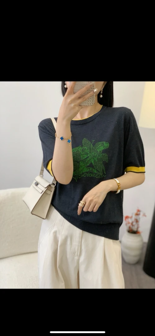 透气舒适百搭常规款刺绣常规T恤印花拼接上衣气质宽松圆领