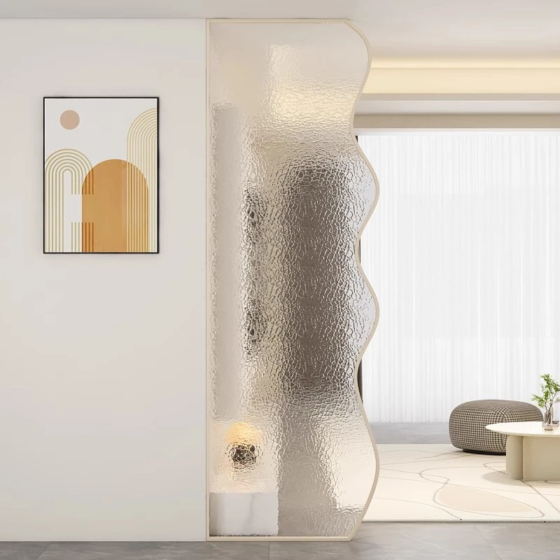 北欧风入户玄关客厅隔断奶油色波浪形长虹玻璃屏风现代简约设计