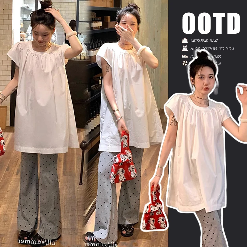 时髦孕妇装新款2025夏装套装慵懒风宽松圆领上衣时尚波点裤两件套