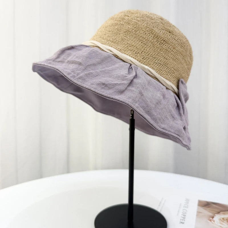 高定设计手钩拉菲草遮阳帽子女春夏季休闲亚麻渔夫帽出游防晒草帽