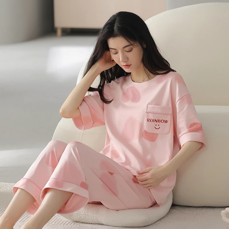 四棉【2件套睡衣】女士夏季棉短袖长裤全棉透气凉感家居服夏款79953