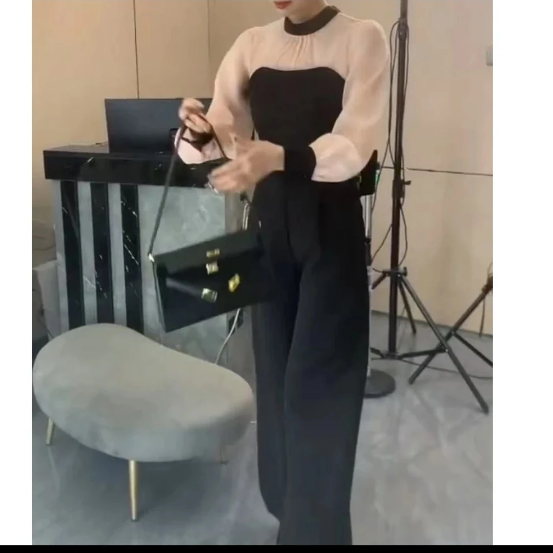 时尚长袖百搭修身显瘦连体休闲女款阔腿黑色连体裤连衣气质2025